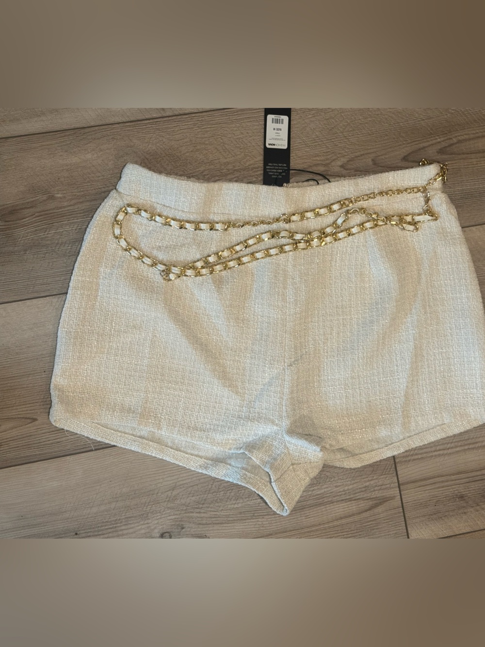 Fashion Nova Cream Tweed High-Waist Shorts with Gold Chain
